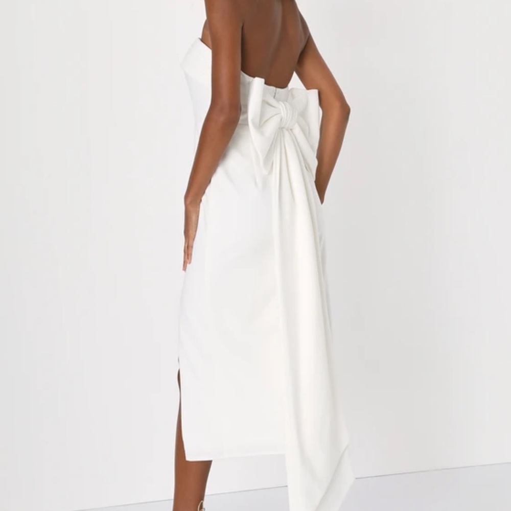 Lulus Fabulous Phenomenon White Strapless Bow Midi Dress Size Small - Picture 2 of 9